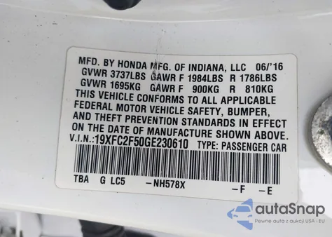 2016 Honda Civic Lx из США, поврежденный, VIN 19XFC2F50GE230610